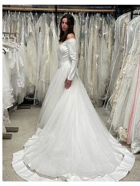 Mon Cheri White Off-Shoulder Satin and Tulle Wedding Gown